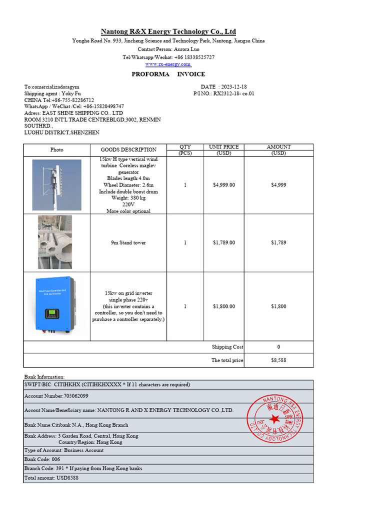 Proforma Invoice for R&X Energy Equipment | PDF | Renewable Energy ...