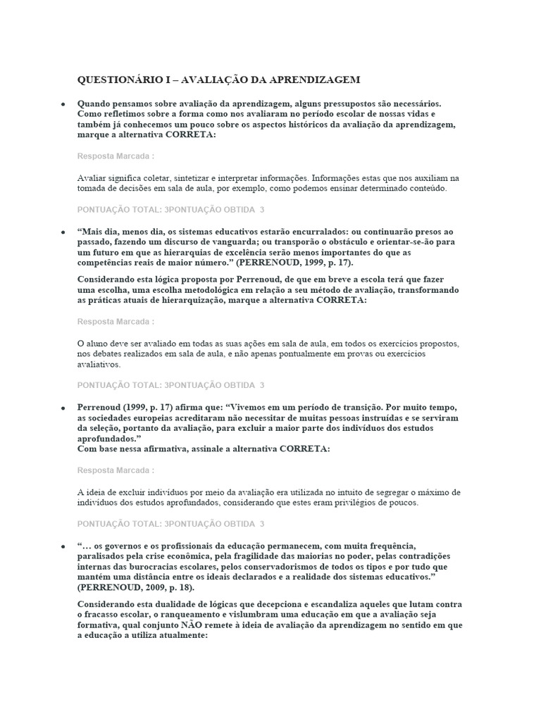 Questionário sobre Avaliação da Aprendizagem | PDF | Aprendizado ...