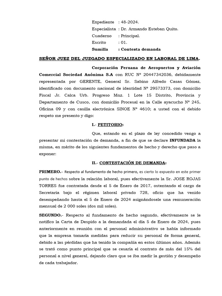 Contestacion de Demanda Laboral | PDF | Derecho laboral | Demanda judicial