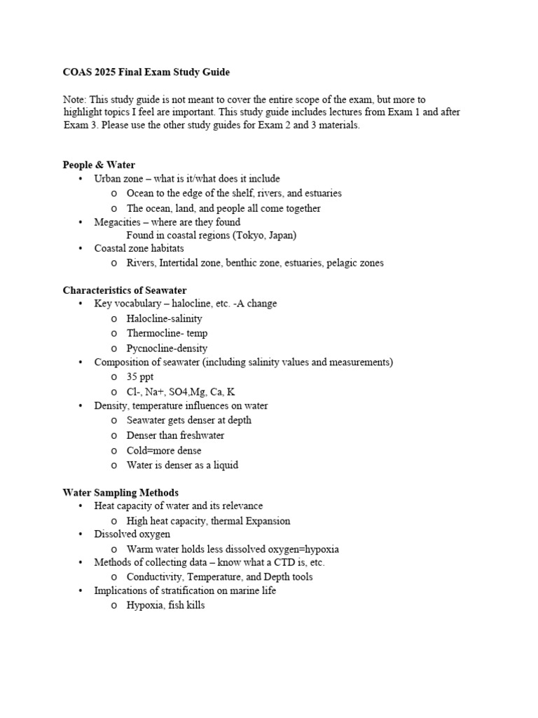 COAS 2025 Exam Study Guide Overview | PDF | Oceans | Estuary