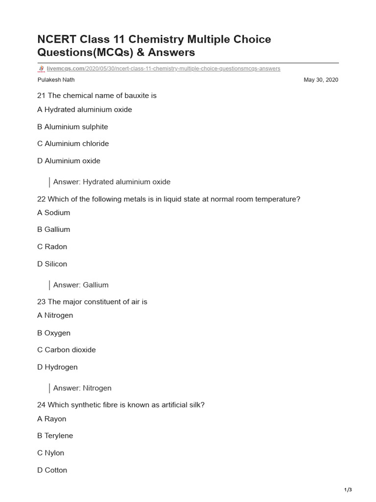 NCERT Class 11 Chemistry MCQs Guide | PDF