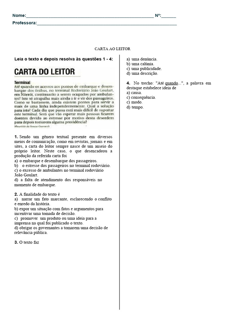Carta Ao Leitor - Com Gabarito | PDF