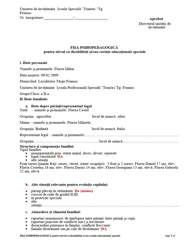 Model Fisa Psihopedagogica | PDF