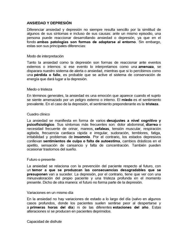 Diferencias entre ansiedad y depresión | PDF | Ansiedad | Depresión ...