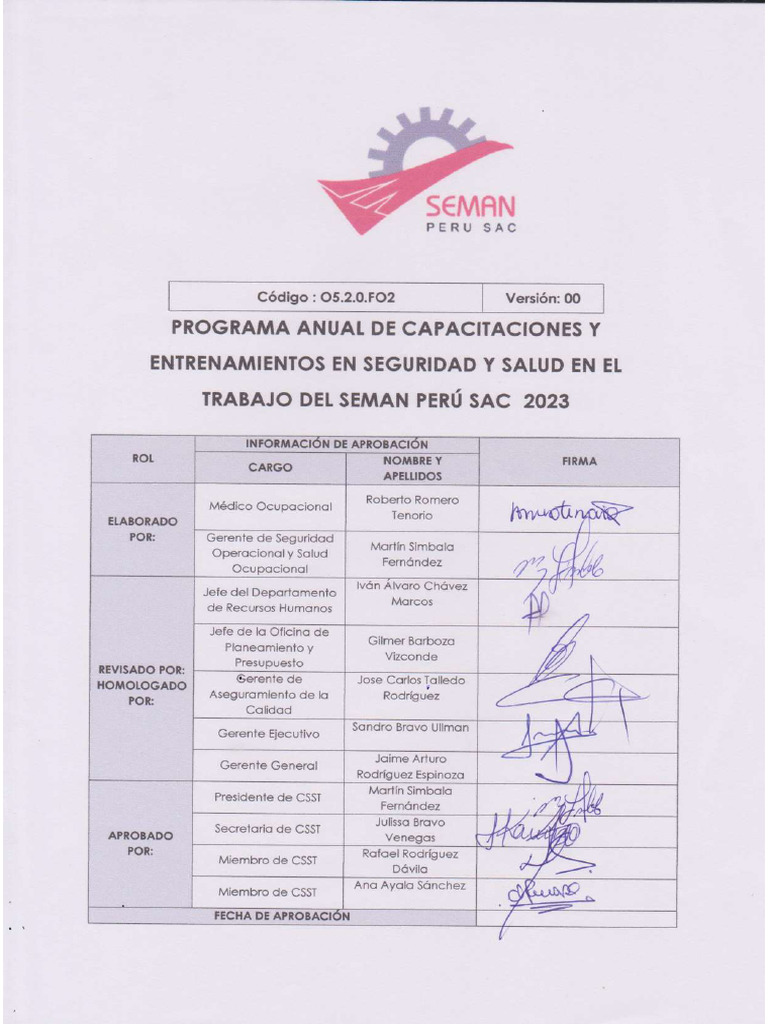 Programa Anual de Capacitaciones y Entrenamientos en Seguridad y Salud ...
