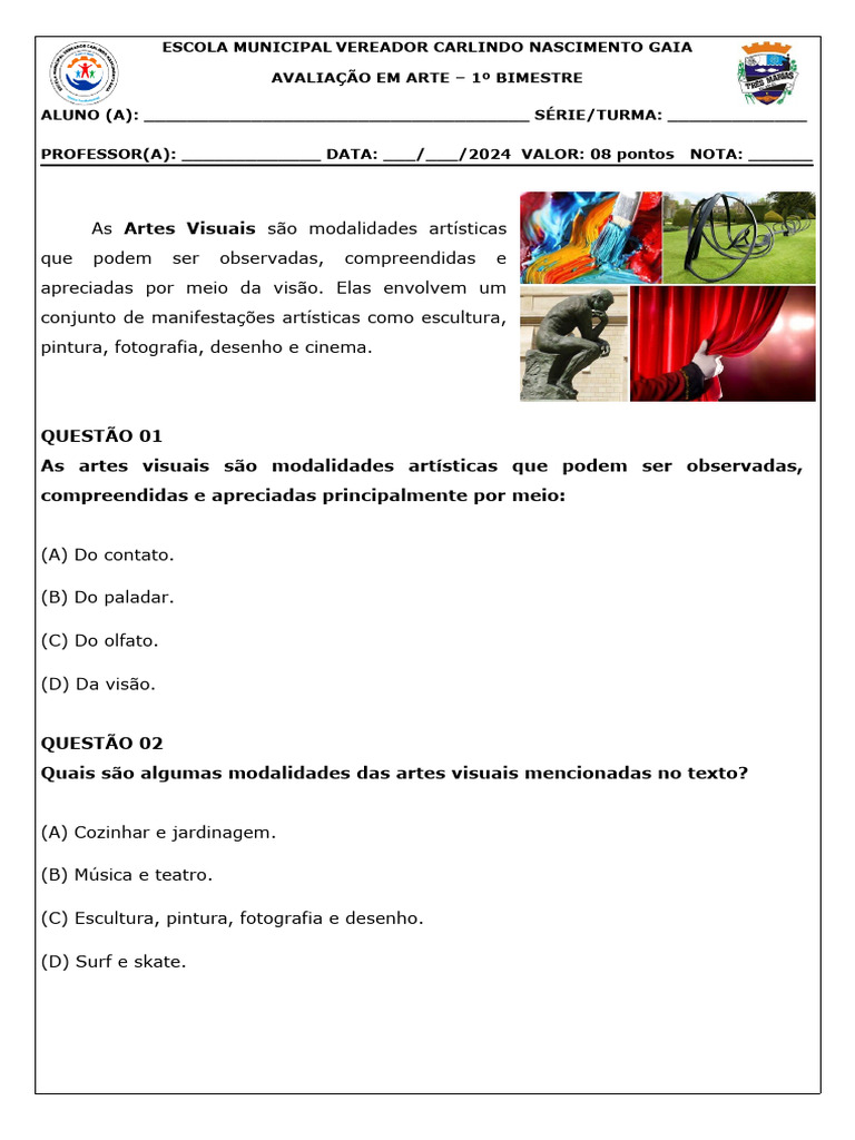 Avaliação em Arte 5º Ano 1º Bimestre 2024 | PDF | Pichação | Arte de rua