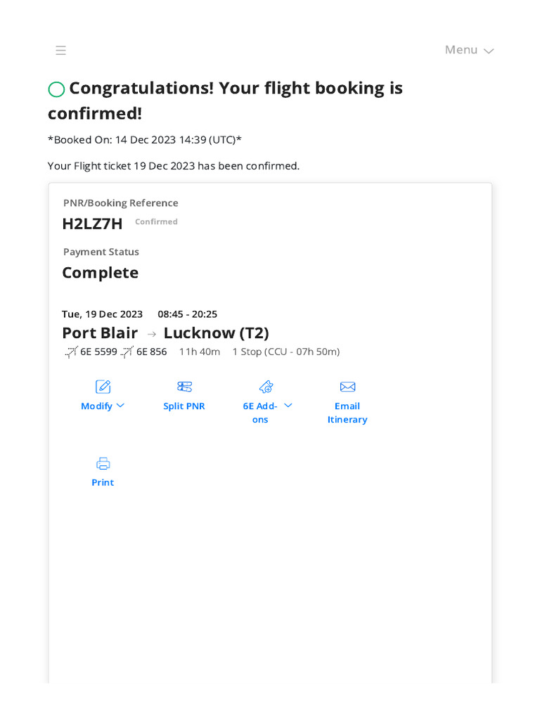 Confirmed Flight Itinerary: IXZ to LKO | PDF | Transport | Aviation