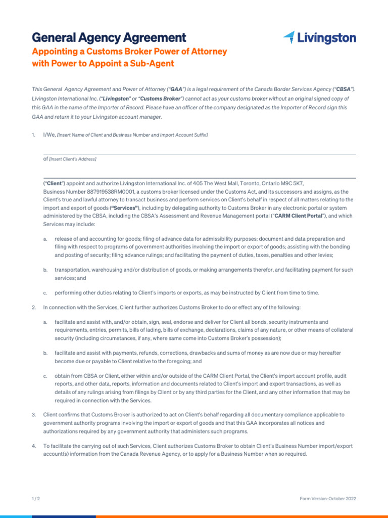 Customs Broker Power of Attorney Agreement | PDF | Customs | Justice