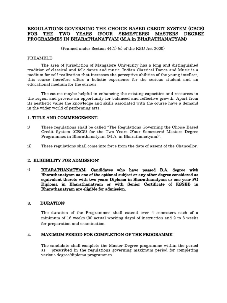 CBCS Regulations for M.A. Bharathanatyam | PDF | Thesis | Master's Degree