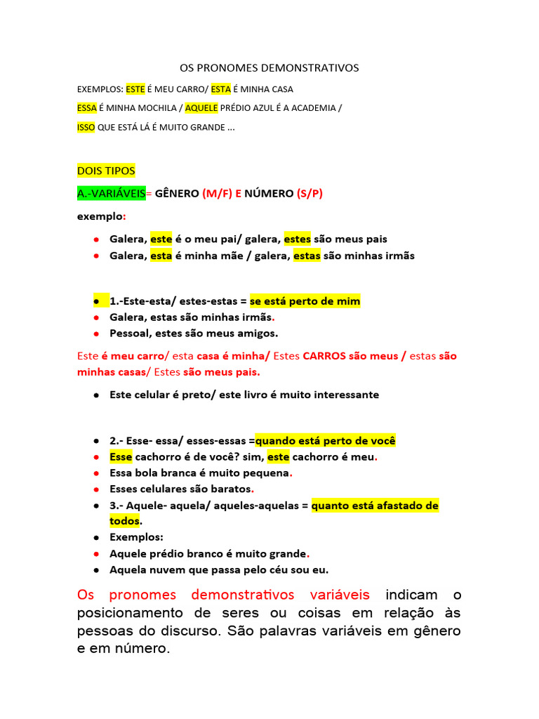 Pronomes Demonstrativos: Tipos e Exemplos | PDF | Pronome