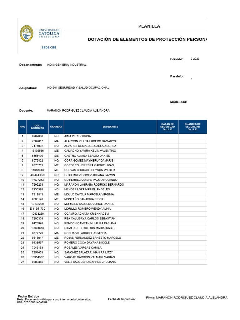 Planilla de Elementos de Protección Personal | PDF