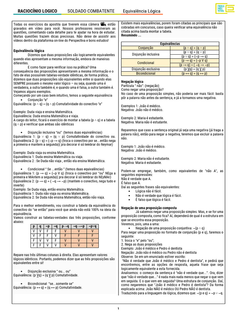 Combatente - Raciocínio Lógico - Módulo 04 - Equivalência Lógica | PDF ...
