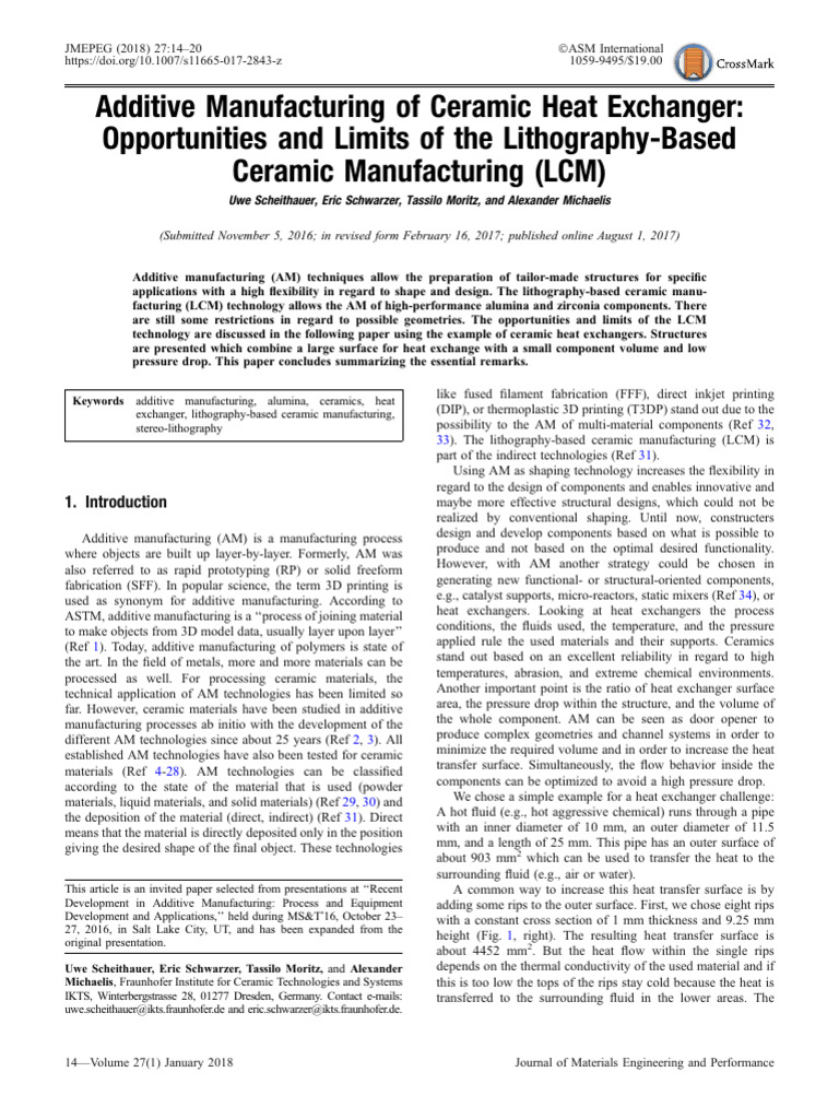 Additive Manufacturing of Ceramic Heat Exchangers | PDF | 3 D Printing ...