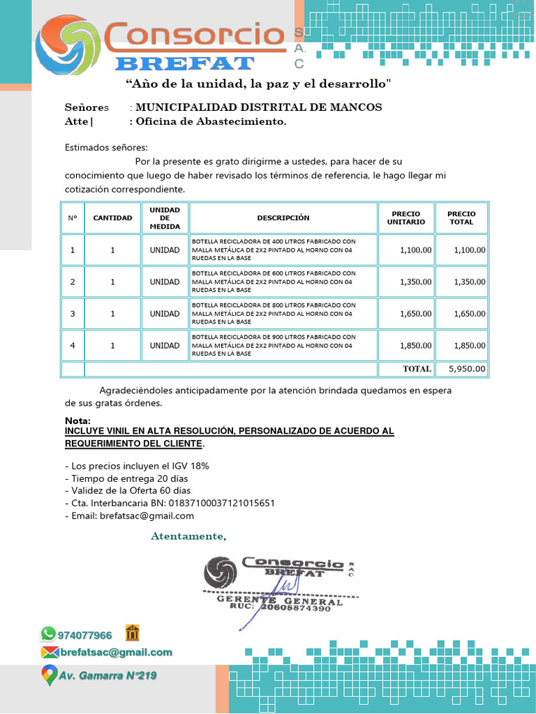 Proforma de Botella Recicladora | PDF