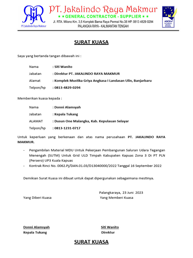 Contoh Surat Kuasa Pengambilan Material Mdu | PDF