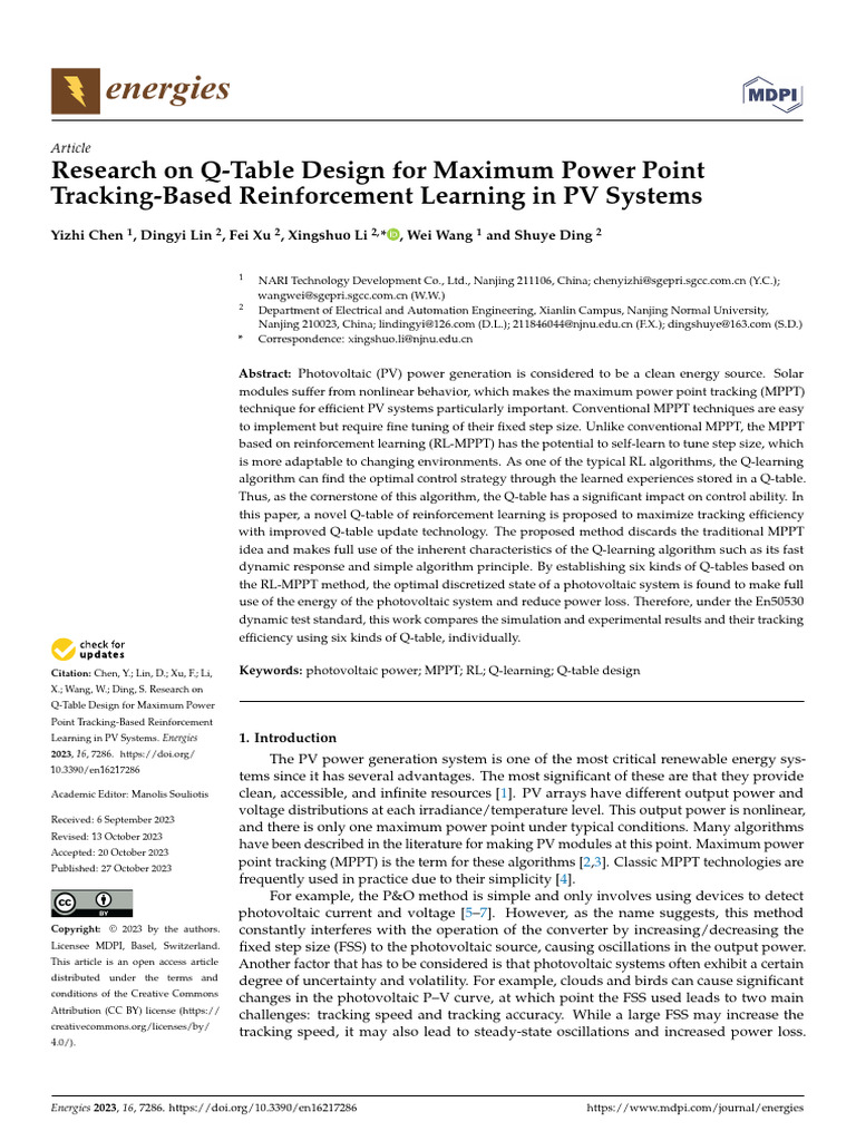 Research on q table design for maximum power point pdf