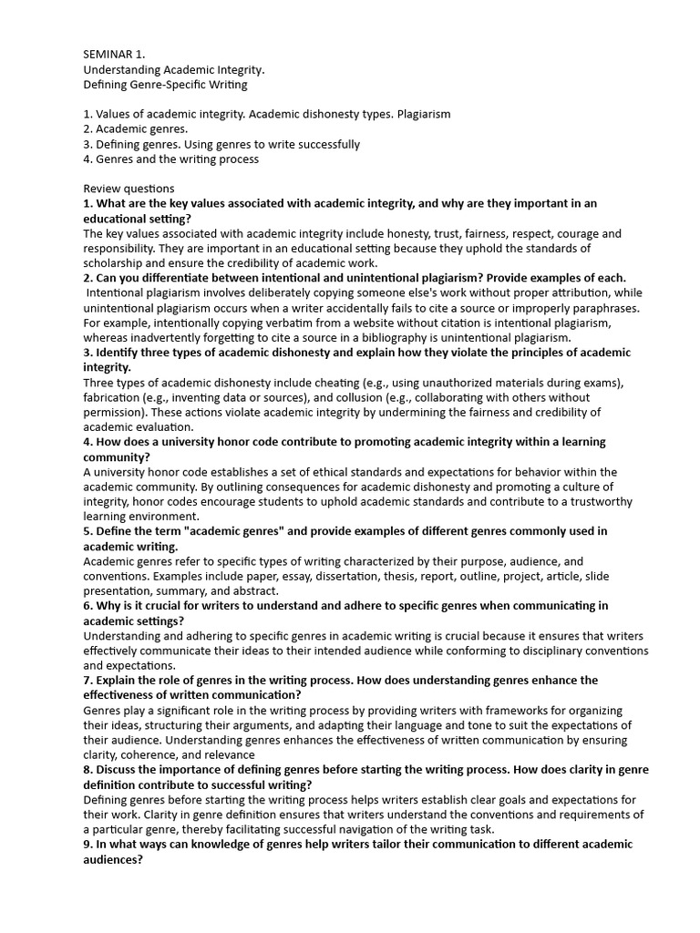 Academic Integrity and Genre Writing Guide | PDF | Academic Dishonesty ...