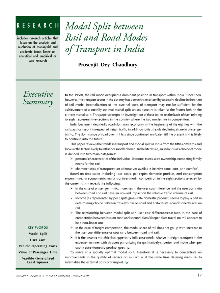 Chaudhury 2005 Modal Split Between Rail and Road Modes of Transport in ...