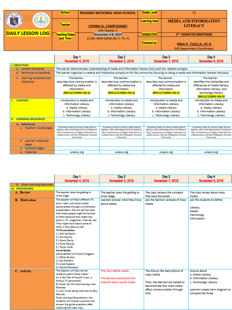 Daily Lesson Log: Rosario National High School Chona D. Camposano Media ...