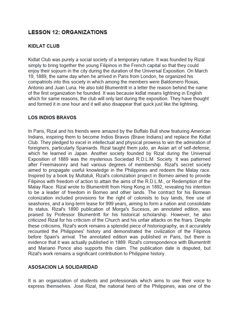 Rizal's Revolutionary Organizations in History | PDF | Spanish East ...
