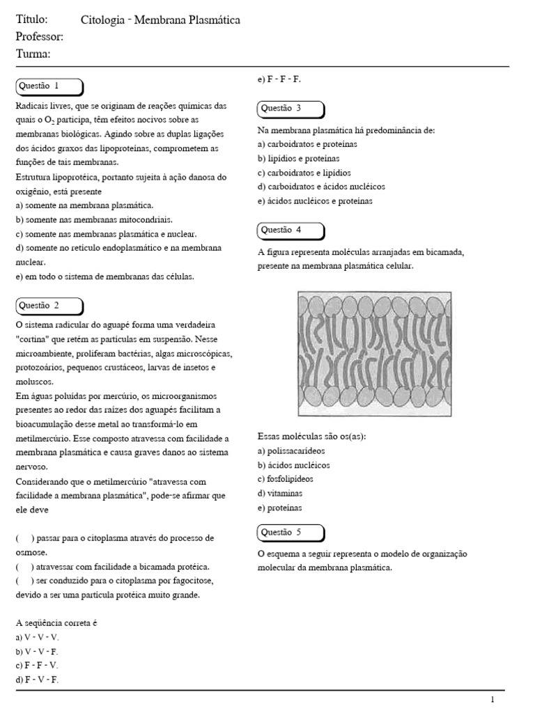 Citologia - Membrana Plasmática - 105 Questões | PDF | Osmose ...