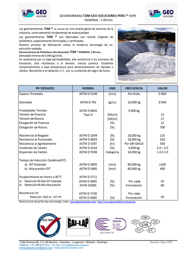 Ficha Tecnica Geomembrana Hdpe de 1.0MM . | PDF | Materiales | Ciencias ...