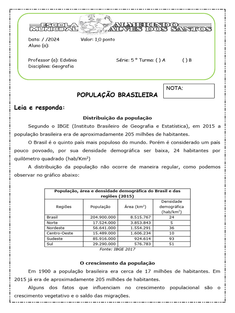 Atividades sobre a População Brasileira 5º Ano | PDF | População ...