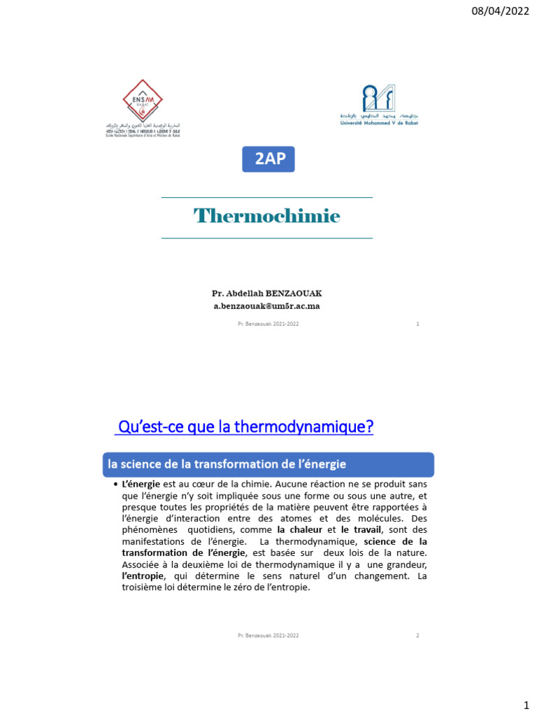 Cours de Thermochimie 2021-2022 | PDF | Thermodynamique | Chaleur