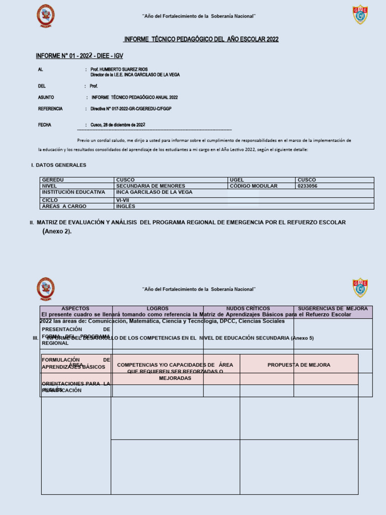 Informe Tecnico Pedagogico 2022 | PDF | Maestros