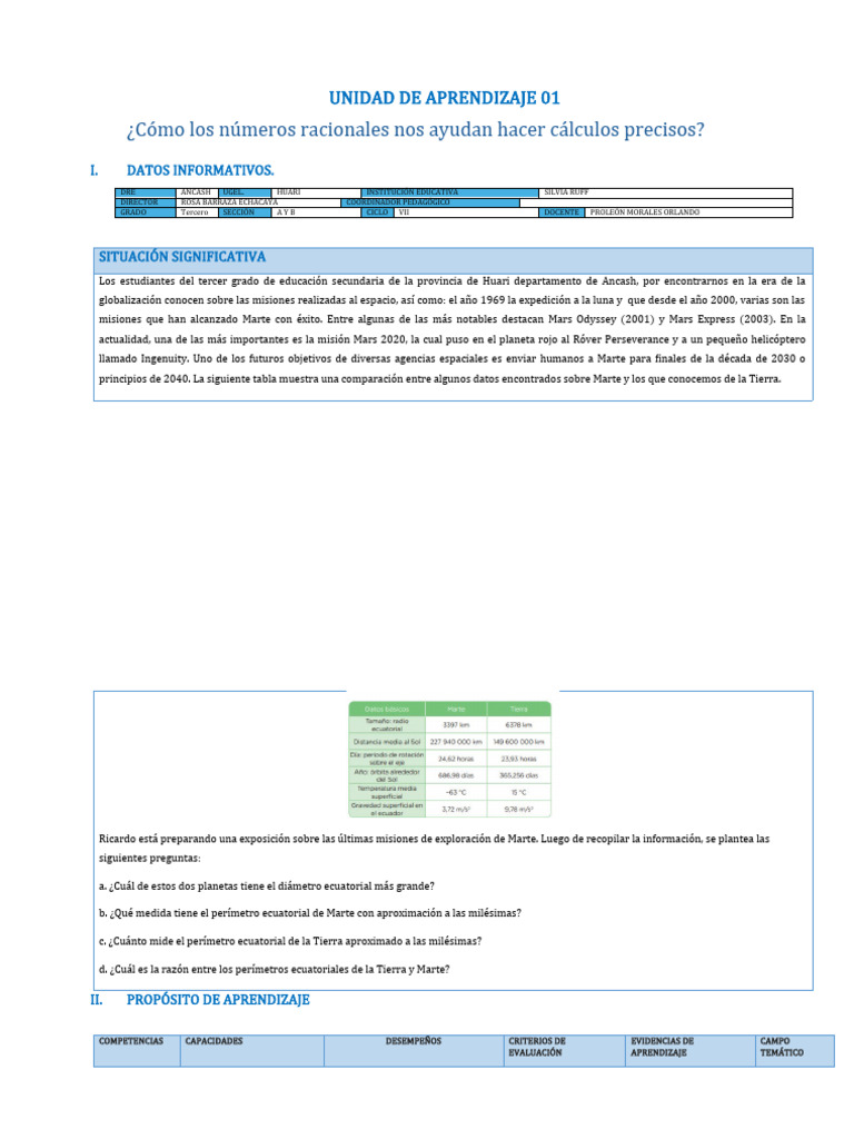 Matemática 3ro Unidad de Aprendizaje 1 | PDF | Números | Número racional