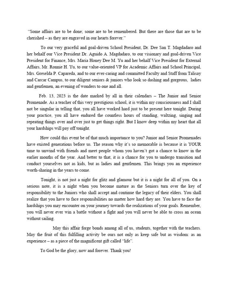 Junior and Senior Promenade Speech | PDF