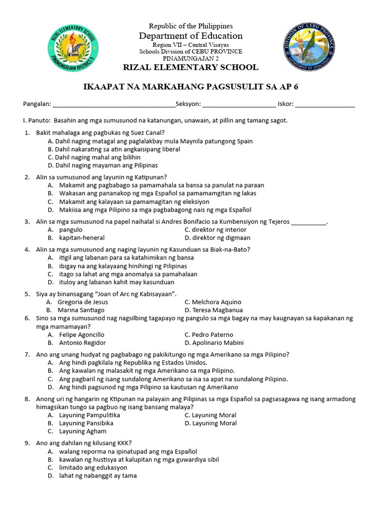 4th Periodical Test in AP | PDF