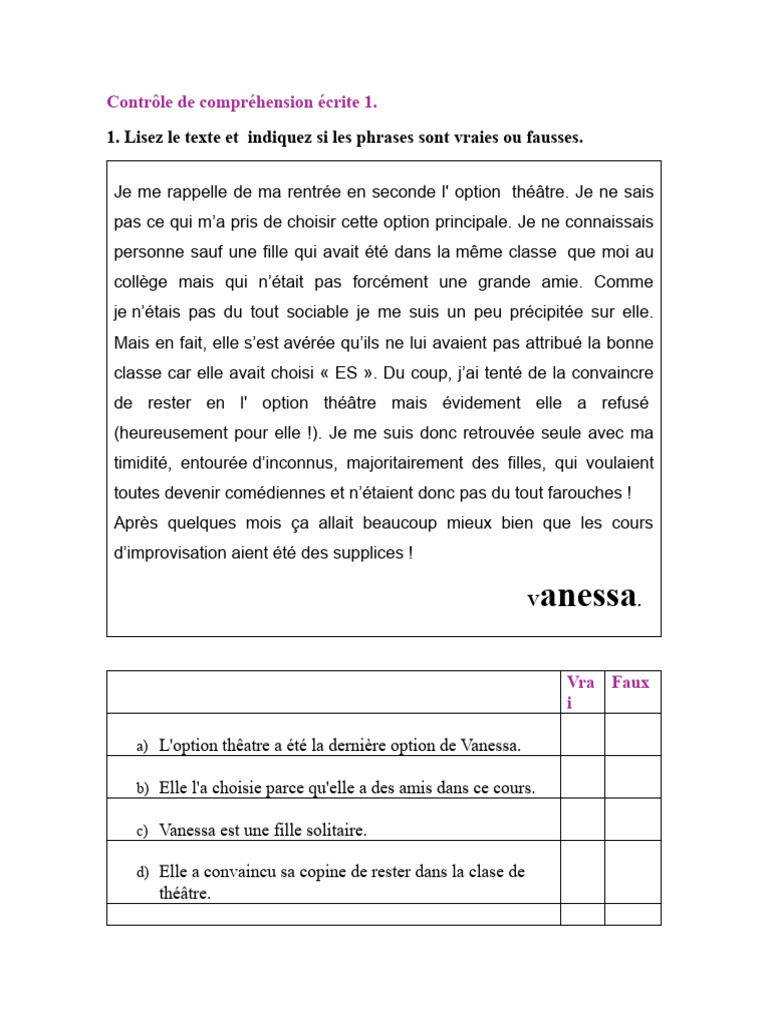 Contrôle de compréhension écrite 1 | PDF