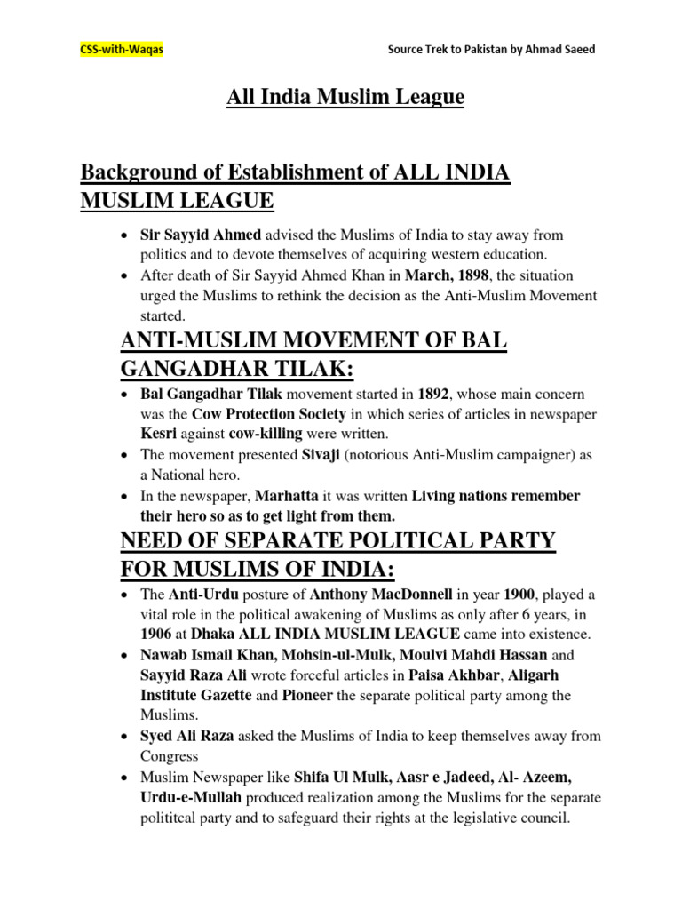 Formation of All India Muslim League | PDF | All India Muslim League ...