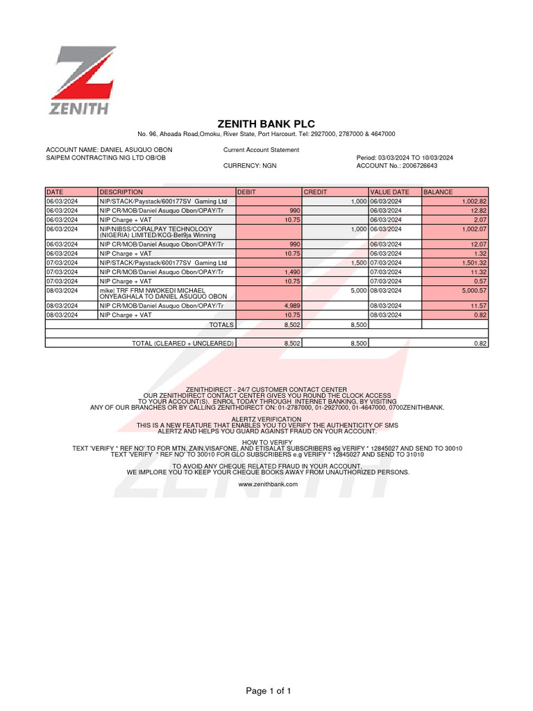 Zenith Bank Current Account Statement | PDF | Service Industries ...