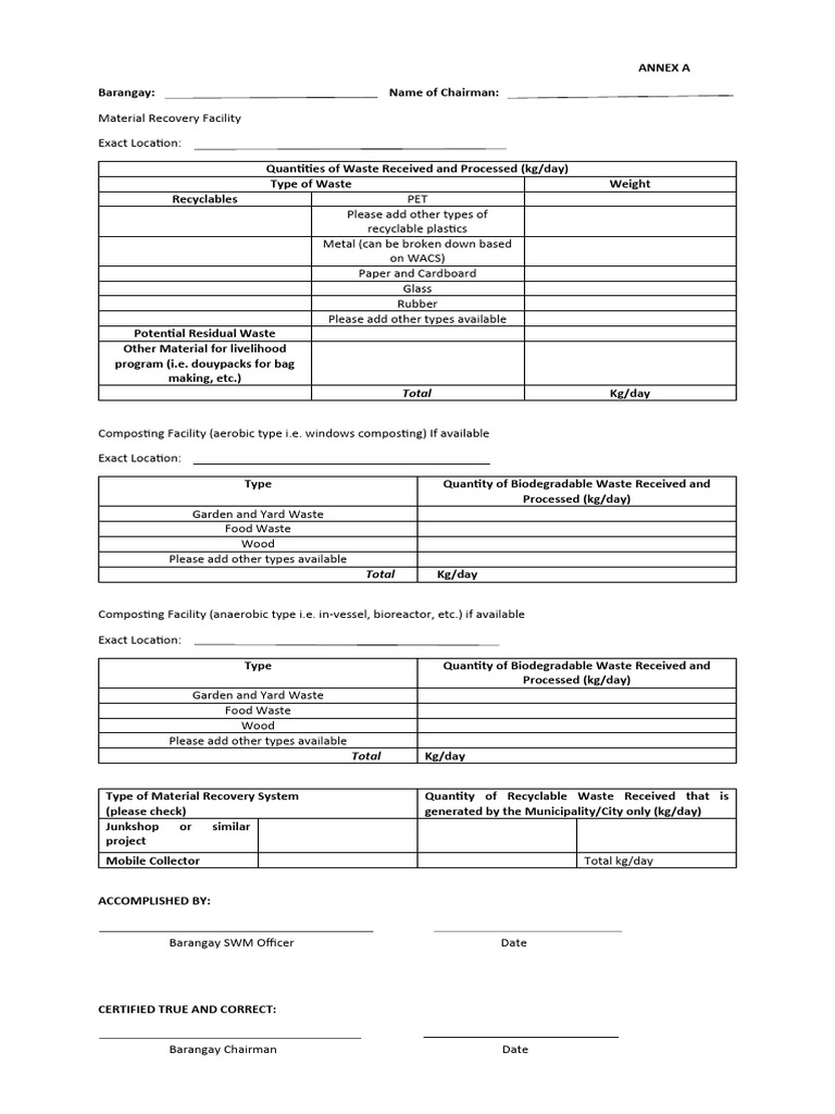 Annex A Recyclables Form | Download Free PDF | Waste | Recycling
