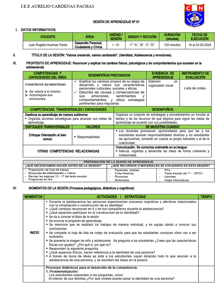 1° SESIÓN DE APRENDIZAJE DPCC (Propuesta) | PDF | Aprendizaje | Evaluación