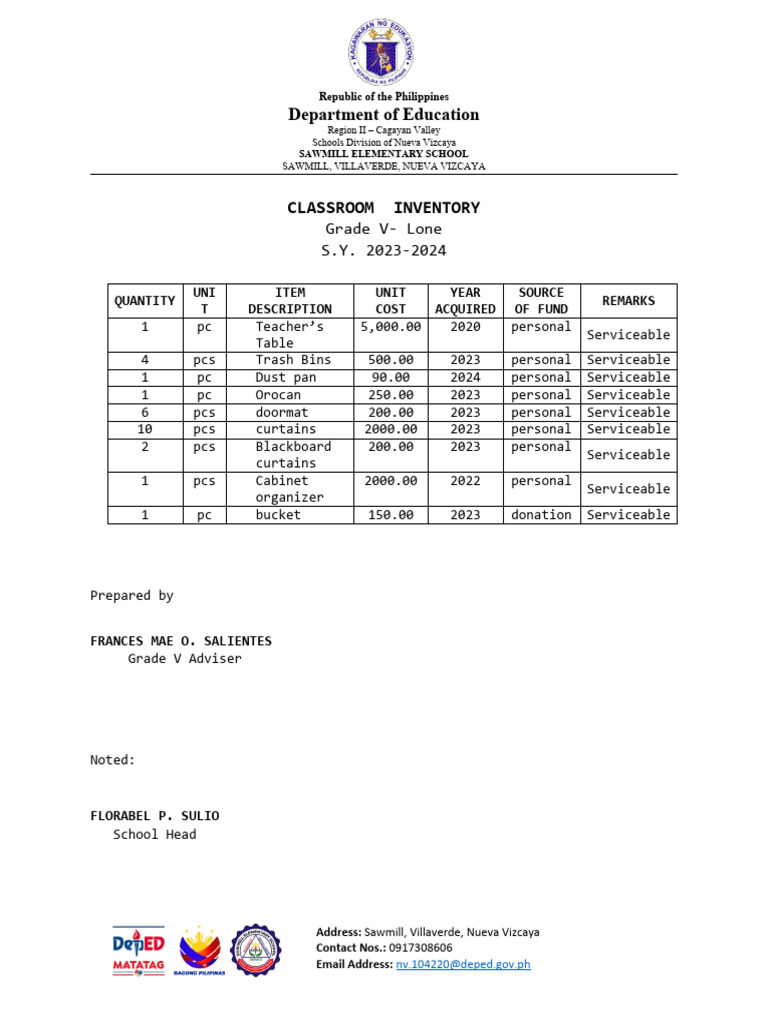 Sawmill Elementary School Classroom Inventory | PDF | Personal ...