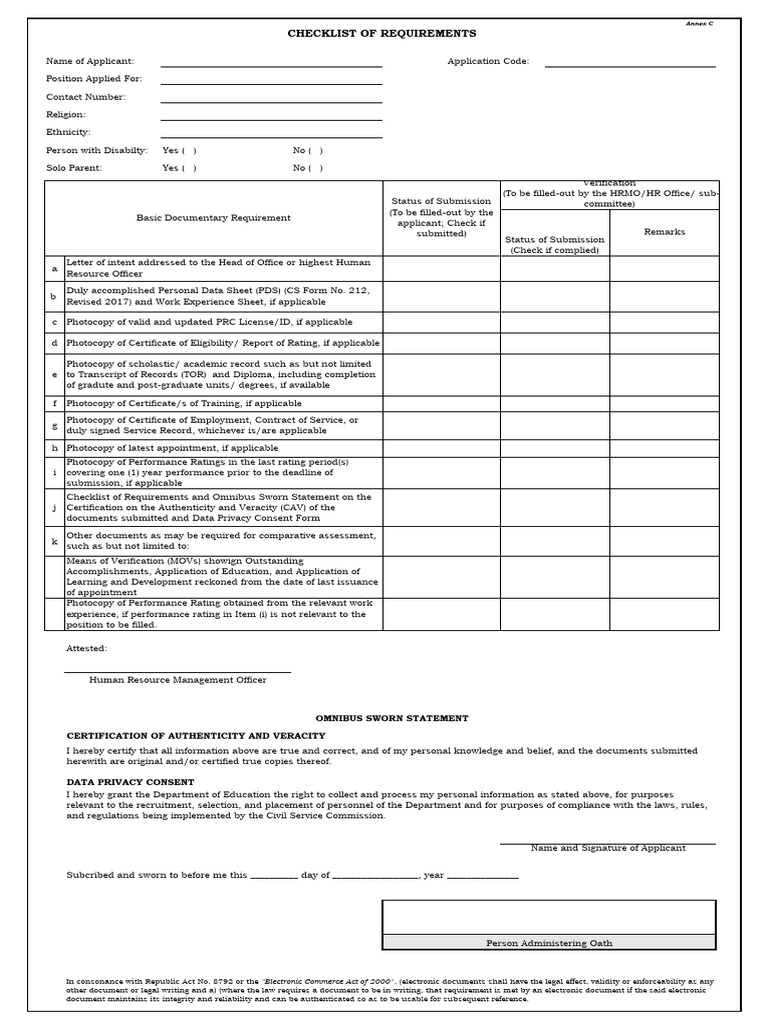 Annex C Checklist of Requirements and Omnibus Sworn Statement