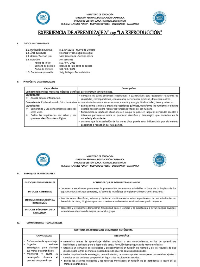 UNIDAD DE APRENDIZAJE #03 - C y T - 4TO SEC. | PDF | Aprendizaje ...