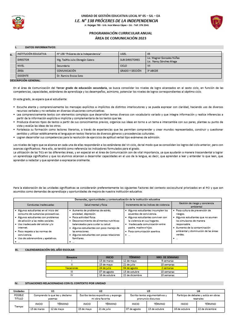 Programación Curricular Comunicación 2023 | PDF | Aprendizaje ...