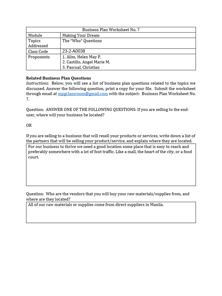 Business Plan Worksheet No 7 | PDF