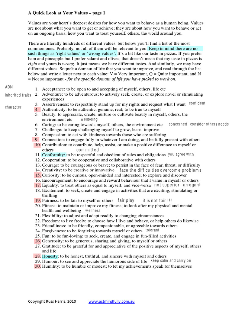 Values Checklist - Russ Harris | PDF | Curiosity | Humility