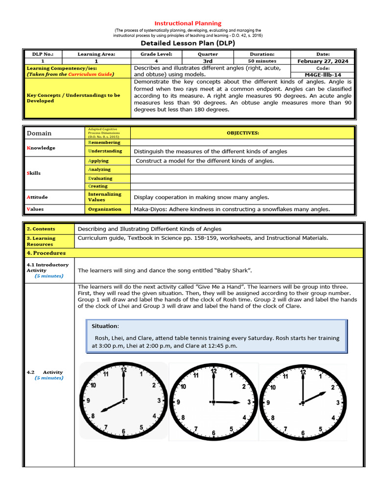 Grade 4 Angles Lesson Plan | PDF | Angle | Learning