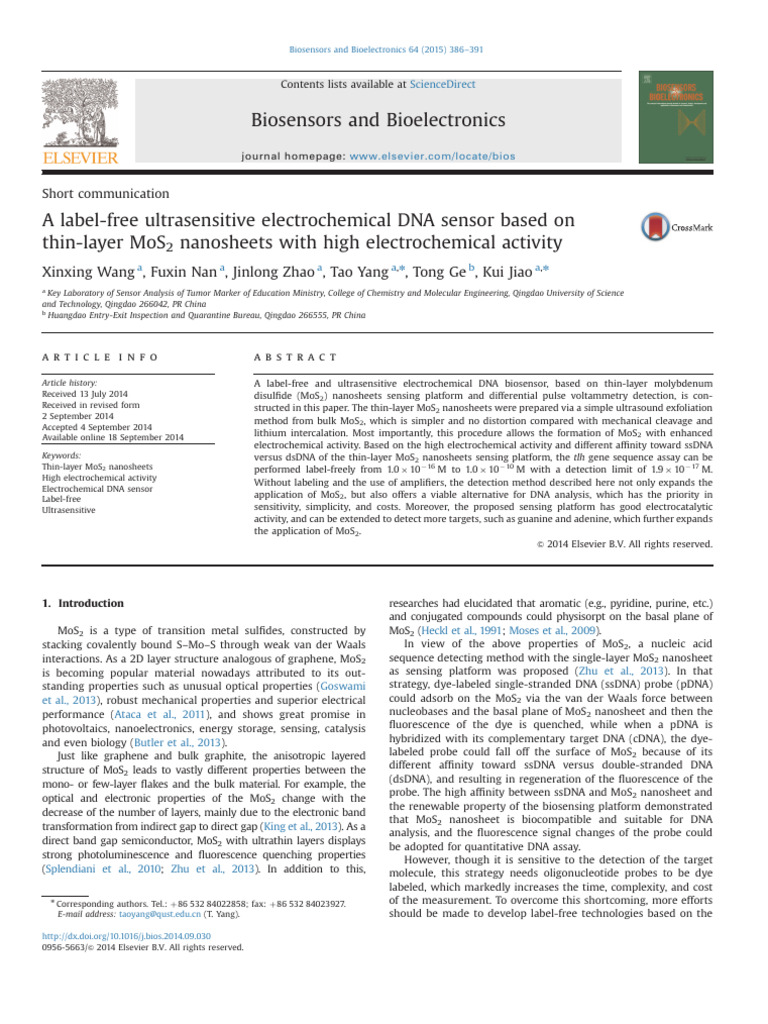 Ultrasensitive MoS2 DNA Sensor | PDF | Biosensor | Dna