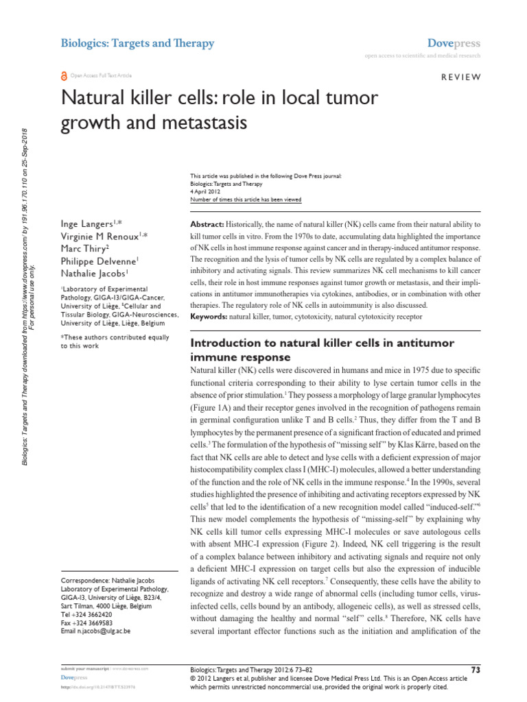 Natural Killer Cells: Role in Local Tumor Growth and Metastasis | PDF ...