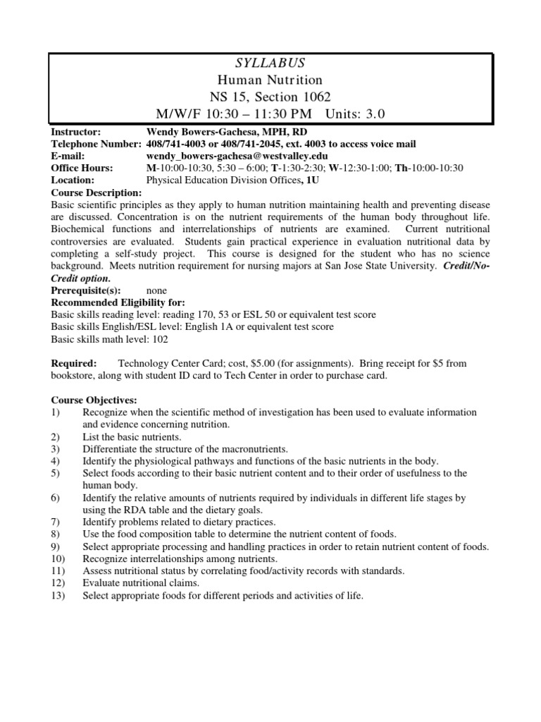 Human Nutrition Course Syllabus | PDF | Weight Management | Fat
