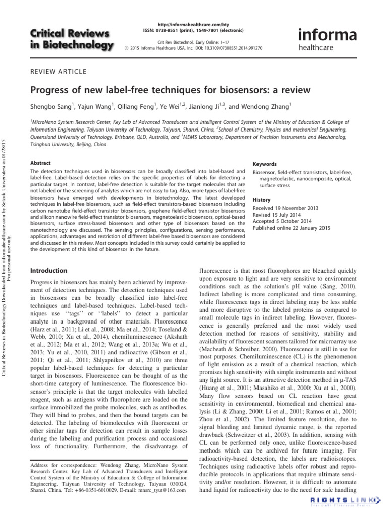 Progress of New Label-Free Techniques For Biosensors A Review | PDF ...