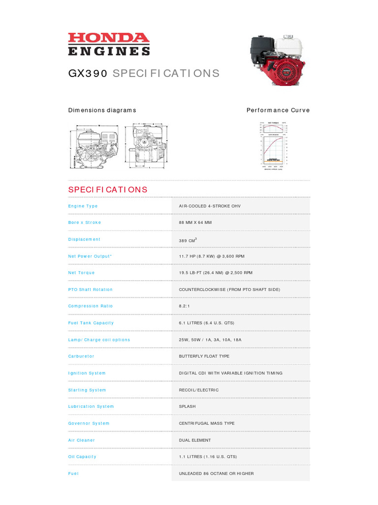 Honda GX 390 Specs PDF Horsepower Engines