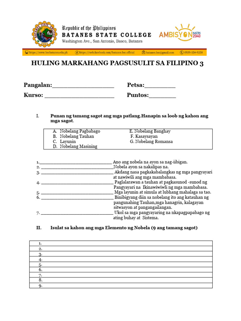Huling Markahang Pagsusulit Sa Filipino 3 2022-2023 | PDF